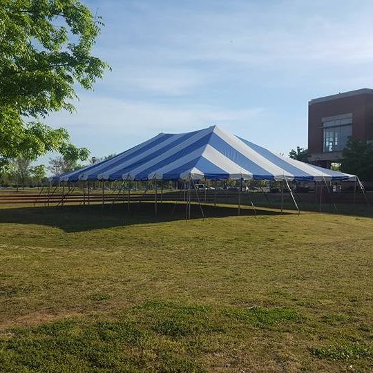 Blue and white striped tent in field
